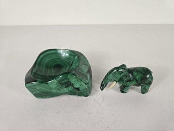 sculptuur, Malachiet schaal en olifant - 5 cm - Malachiet, Antiek en Kunst