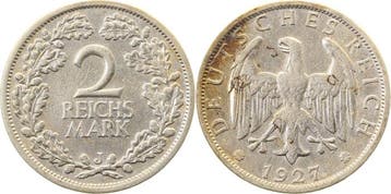 Duitsland 2 Reichsmark 1927 J sehr schoen + zilver, Verzenden