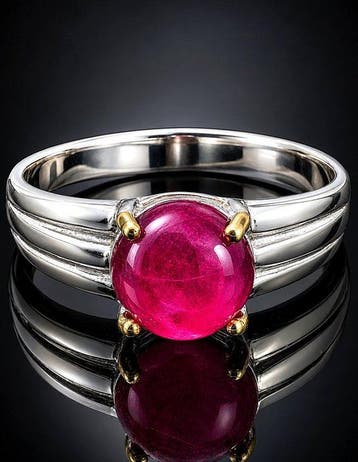 Robijn cabochonring - 925 sterlingzilver - gouden zetpennen