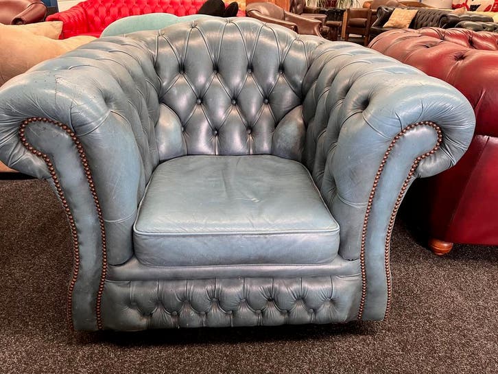Vintage Chesterfield Jeans Blauw Leren Chesterfield Fauteuil, Huis en Inrichting, Fauteuils, Gebruikt, Leer, Ophalen