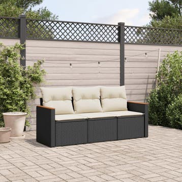 vidaXL 3-delige Loungeset met kussens poly rattan zwart, Verzenden, Nieuw, Loungeset