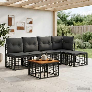 vidaXL Buiten bankenset 6 pcs Zwart en Donkergrijs Polyester, Verzenden, Nieuw, Rotan, 6 zitplaatsen