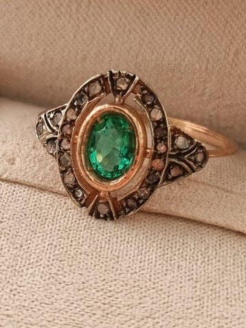 Zonder minimumprijs - Ring - 9 kt. Zilver, Roségoud Smaragd, Nieuw