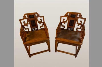 Armleunstoelen in Qing-stijl - Hout, rattan vlechtwerk -