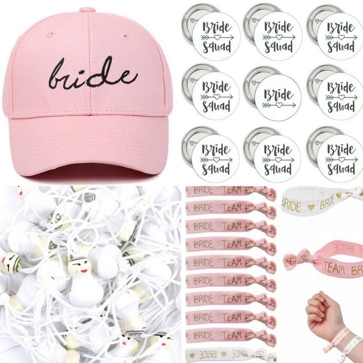 Vrijgezellenfeestset + cap,buttons,gelukspoppetjes,armbanden, Hobby en Vrije tijd, Feestartikelen, Geboorte of Huwelijk, Nieuw