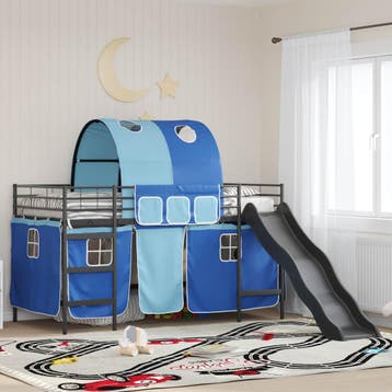 vidaXL Bunkbed voor kinderen met gordijnen Zwart en Blauw, Verzenden, Nieuw, Eenpersoons, Metaal