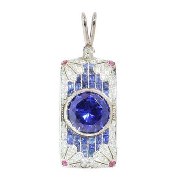 Hanger Platina - 6.30ct. tw. Saffier - Diamant - Art Deco