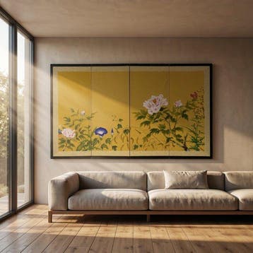 Kamerscherm - Verguld, Hout - Japan - Vier Seizoenen Bloemen