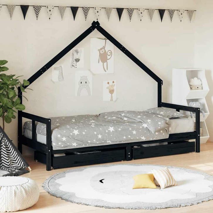 vidaXL Kinderbedframe 80x200 cm massief grenenhout zwart, Kinderen en Baby's, Kinderkamer | Bedden, Nieuw, Verzenden
