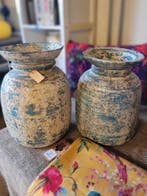 Brocante vintage melkpot verweerd blauw wit unieke vondst, Antiek en Kunst, Ophalen of Verzenden