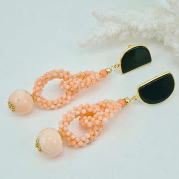 Koraal - Zilver, Verguld - Oorbellen - Roze koraal en onyx, Antiek en Kunst