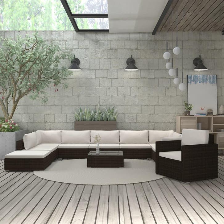 vidaXL 11-delige Loungeset met kussens poly rattan bruin, Tuin en Terras, Tuinsets en Loungesets, Loungeset, Nieuw, Meer dan 8 zitplaatsen