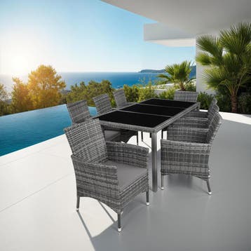 Wicker zitgroep 8+1 met beschermhoes - grijsgevlekt/grijs, Tuin en Terras, Verzenden, Nieuw