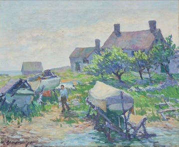 French school (XX) - Landscape with Fisherman and Boats