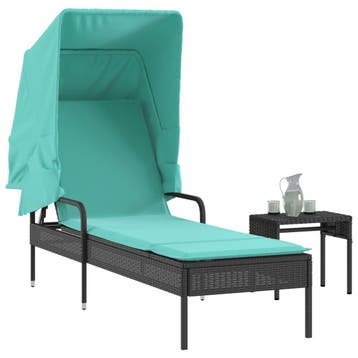 vidaXL Ligstoel met luifel en tafel zwart poly rattan, Verzenden, Nieuw