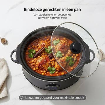 Slowcooker met Timer - 6L - Glazen deksel - Zwart - Olvy, Verzenden, Zo goed als nieuw