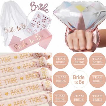 9-delige Bride to Be en Brides Bitches wit rose goud + zalm, Verzenden, Nieuw, Feestartikel, Geboorte of Huwelijk
