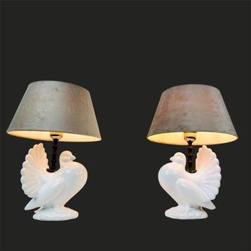 Tafellamp (2) - Set wit keramische vogel / duiven lampen met
