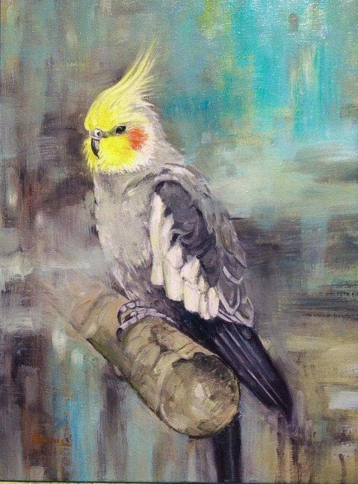 Szilard Banyi - Cockatiel on Perch, Antiek en Kunst, Kunst | Schilderijen | Modern
