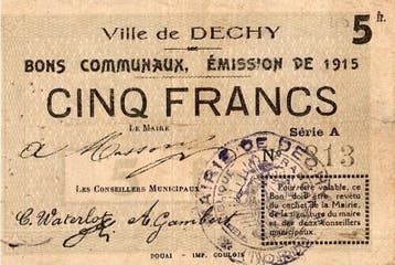 5 Francs France Komitat 59 – Dechy – 5 Franc Bond – 19, Postzegels en Munten, Munten | Nederland, Verzenden