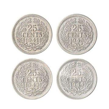 Nederland. Wilhelmina. 25 Cent 1941 PP, 1943 PP, 1943 EP &