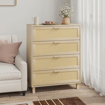 Ladekast 4 Lades met Rotan Fronten - Licht Hout MDF - 80x40x, Verzenden, Nieuw