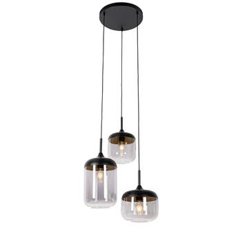 Hanglamp zwart met goud en smoke glas 3-lichts rond - Kyan, Verzenden, Nieuw, Glas, Design