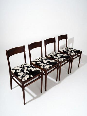 Stoel - koe huid, Mahonie - Set van vier vintage stoelen