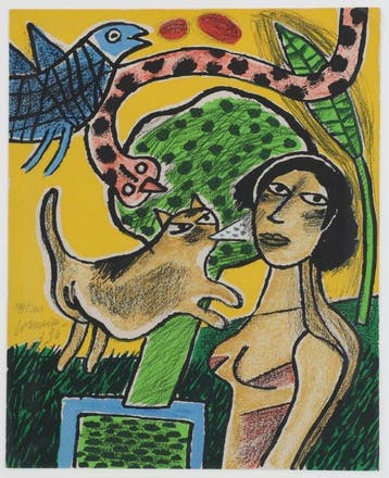 Corneille (1922-2010) - Compositie met vrouw, vogel en kat