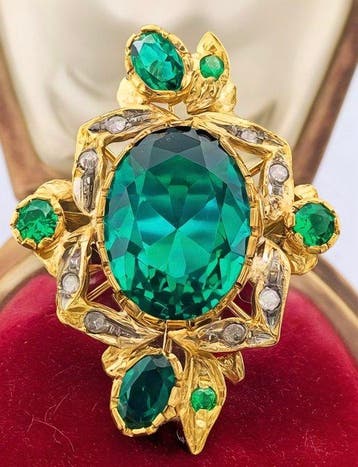 Zonder minimumprijs - Ring - 9 kt. Geel goud, Zilver Smaragd, Sieraden, Tassen en Uiterlijk, Nieuw