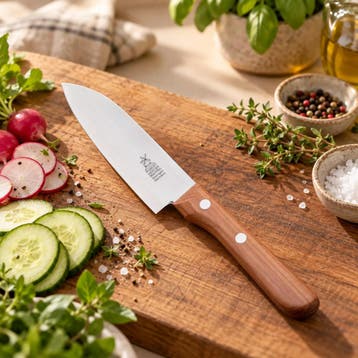 Robert Herder Kleine santoku met kersenhouten heft en lem..., Ophalen of Verzenden, Nieuw, Zilver