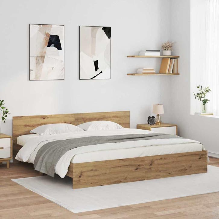 vidaXL Bedframe met hoofdeinde Artisan Eiken 200 x 200 cm, Huis en Inrichting, Slaapkamer | Bedden, Bruin, Nieuw, Hout, Verzenden