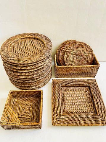 Tafelservies voor 12 - Rattan - Grote rotan tafelset -
