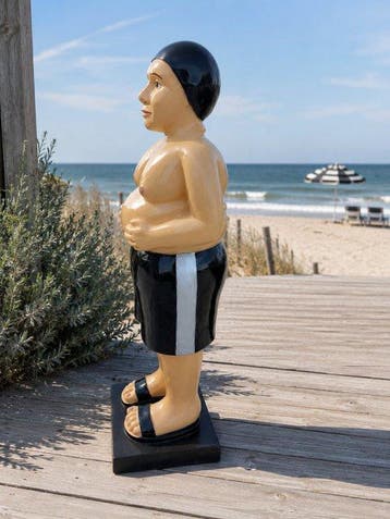Beeld, old fat man in swimming black shorts - 80 cm -