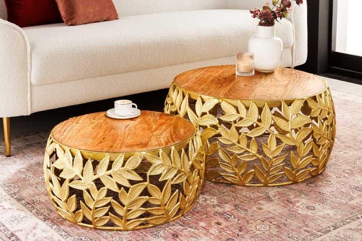 Ronde set van 2 salontafels ABSTRACT LEAF 70cm Natuurlijk, Huis en Inrichting, Tafels | Salontafels, Ophalen of Verzenden