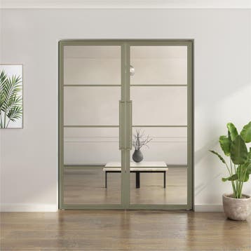 Dubbele stalen taatsdeur 4 Vlaks Olijfgroen Helder glas, Minder dan 80 cm, Overige typen, Nieuw, Metaal