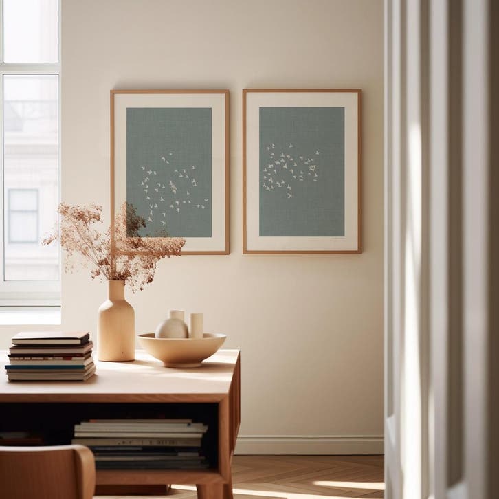 Japandi Posters - Zwerm Vogels Linnen Look, Huis en Inrichting, Woonaccessoires | Wanddecoraties, Minimalistisch, Eigen ontwerp