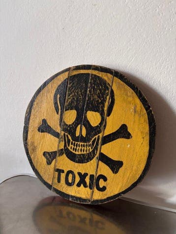 Handgeschilderd houten waarschuwingsbord TOXIC – schedel, Antiek en Kunst