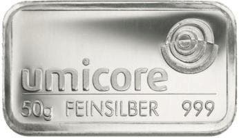 50 gram zilverbaar Umicore (in seal), Postzegels en Munten, Edelmetalen en Baren, Zilver, Verzenden