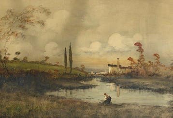 Lucio Cargnel (1903-1998) - Paesaggio fluviale con lavandaia, Antiek en Kunst, Kunst | Schilderijen | Klassiek