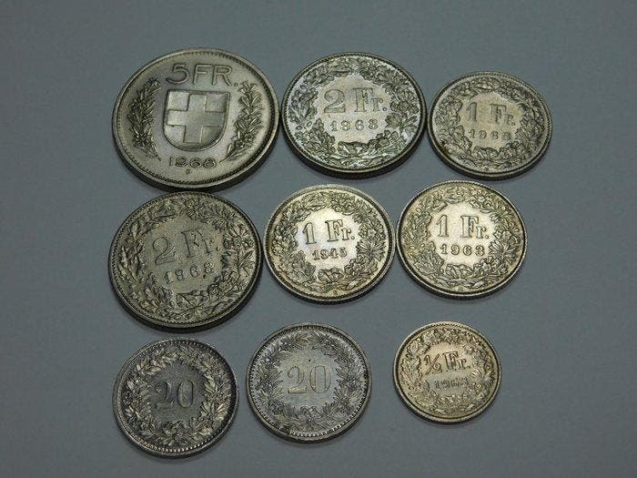 Zwitserland. Set of 9 coins, incl. silver, 20 Rappen, 1/2,, Postzegels en Munten, Munten | Europa | Niet-Euromunten