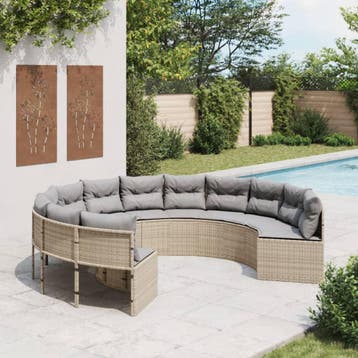 vidaXL Tuinbank met kussens rond poly rattan beige, Tuin en Terras, Verzenden, Nieuw