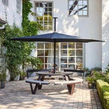 Extremis Pantagruel picknicktafel + Inumbra parasol 400cm, Zo goed als nieuw, Rond, Hout