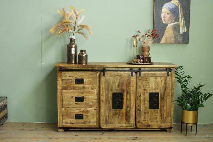 Dressoir India, 3 lades en 2 deuren, Huis en Inrichting, Kasten | Dressoirs, 150 tot 200 cm, 25 tot 50 cm, Met lade(s), Met deur(en)