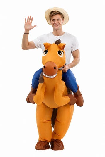 KIMU® Opblaas Kostuum Zittend Op Paard Cowboy Opblaasbaar Pa, Carnaval, Nieuw, Overige maten, Ophalen of Verzenden