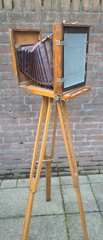 Antieke Houten Straatbord Camera Complete Set met Statief..., Ophalen of Verzenden, Gebruikt, Overige Merken