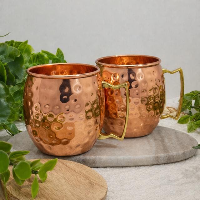 Puur Koperen Set 2 Mokken Gehamerd - 470 ml, Huis en Inrichting, Keuken | Servies, Ophalen of Verzenden