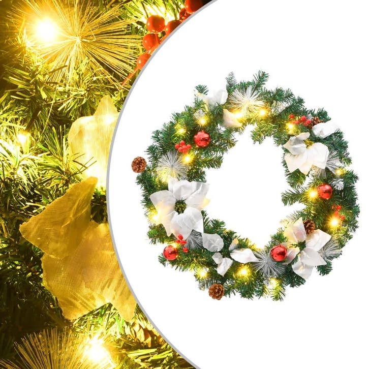 vidaXL Kerstkrans met LED lampjes 60 cm PVC groen, Diversen, Kerst, Nieuw, Verzenden