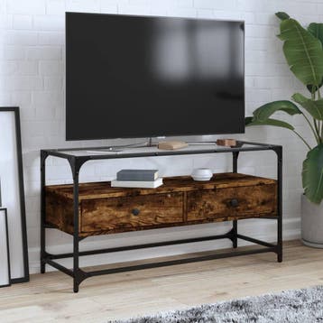 vidaXL Tv-meubel met glazen blad 98x35x51 cm hout gerookt, Minder dan 50 cm, Verzenden, Nieuw, Minder dan 100 cm