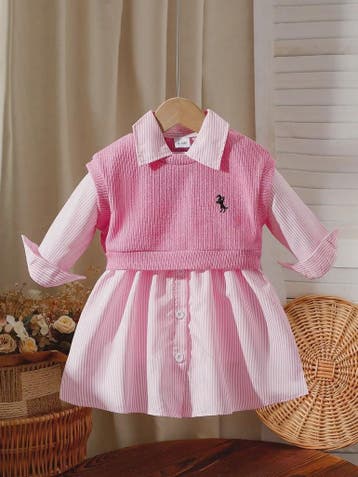 Baby Meisjes Jurk met Geborduurd Vest en Gestreept Shirt - L, Verzenden, Nieuw